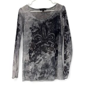 Fleur de Lis Gray Graphic Long Sleeve mesh Top